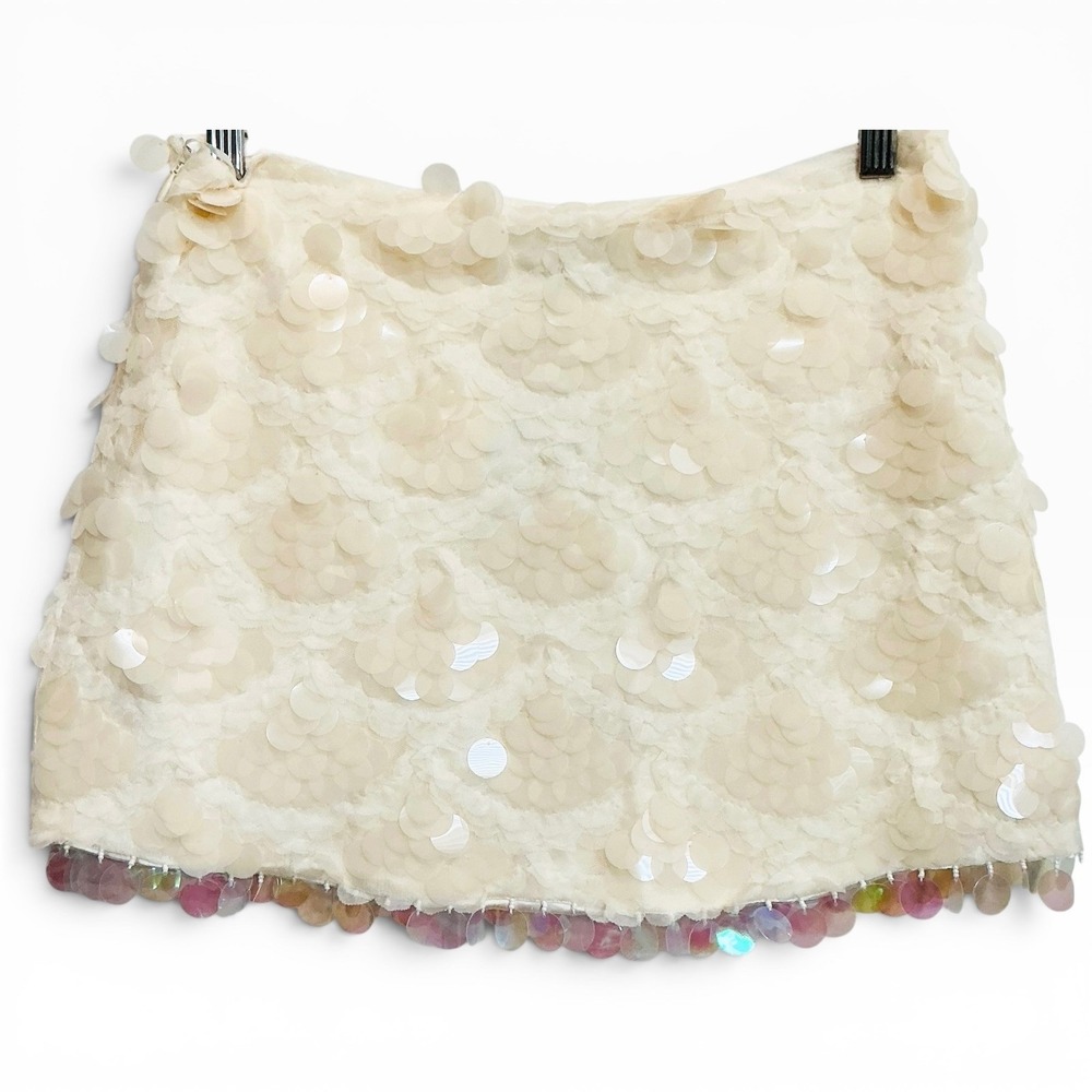 En Saison Emryn Mini Skirt Ecru Sequin Iridescent Paillette Fringe NWT Size S